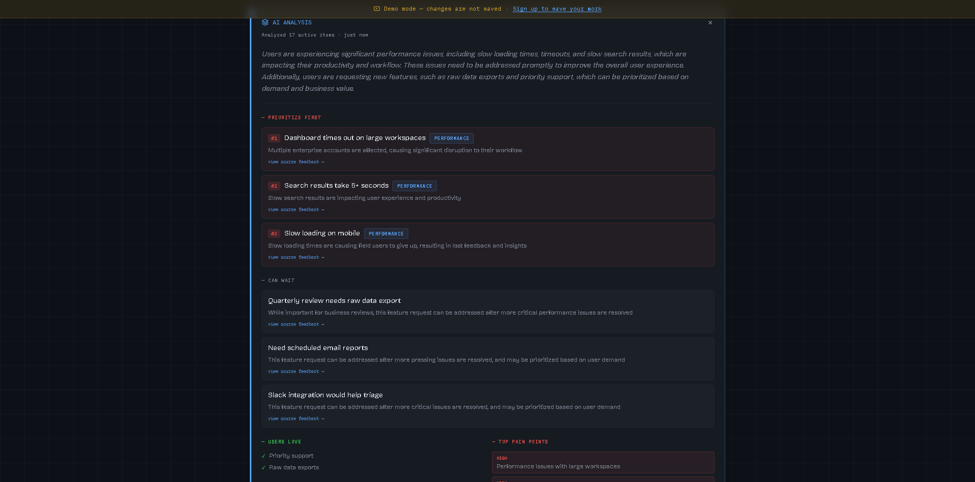 Pulse AI analysis: ranked prioritize-first items with written rationale and links to source feedback, plus a can-wait group