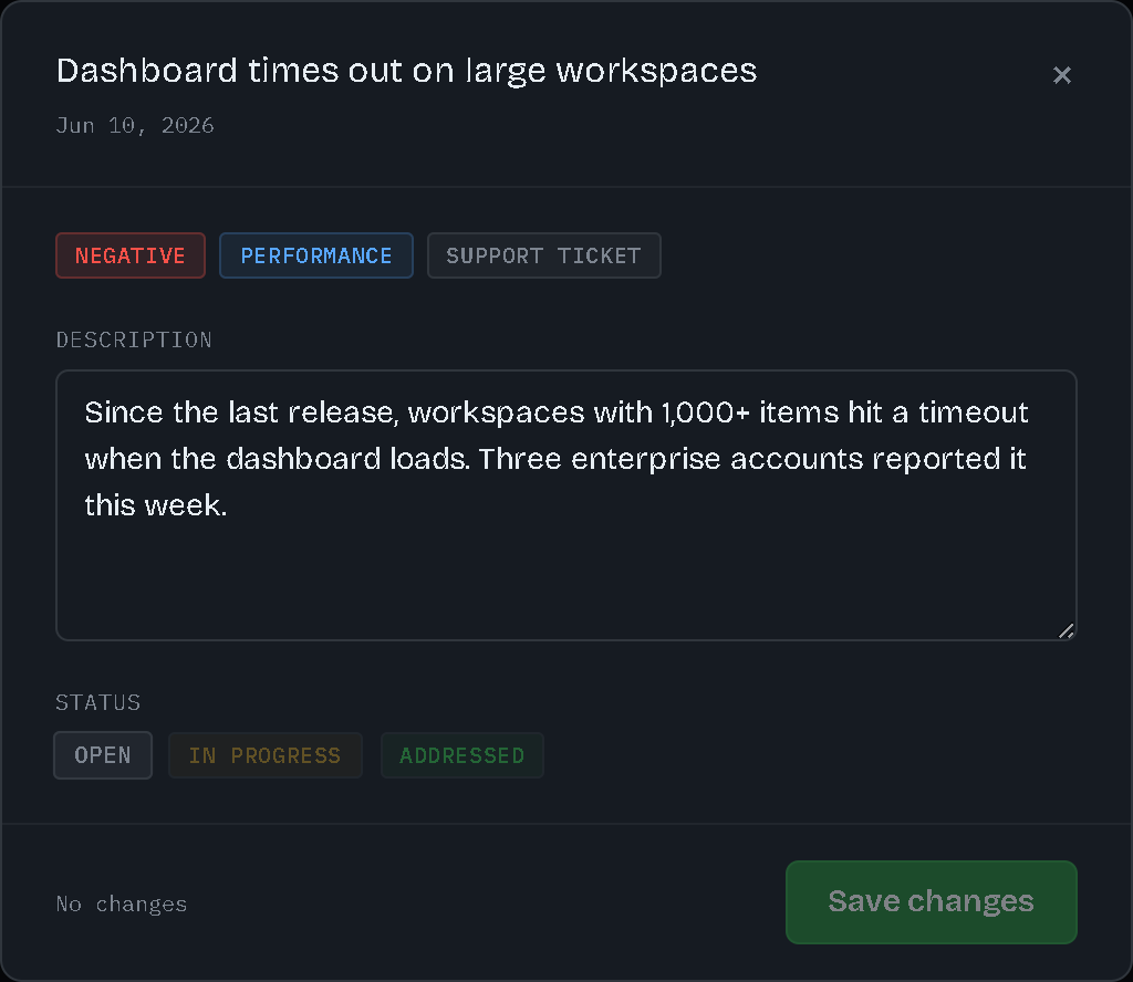 Feedback detail view with sentiment and category tags, description, and a status switcher