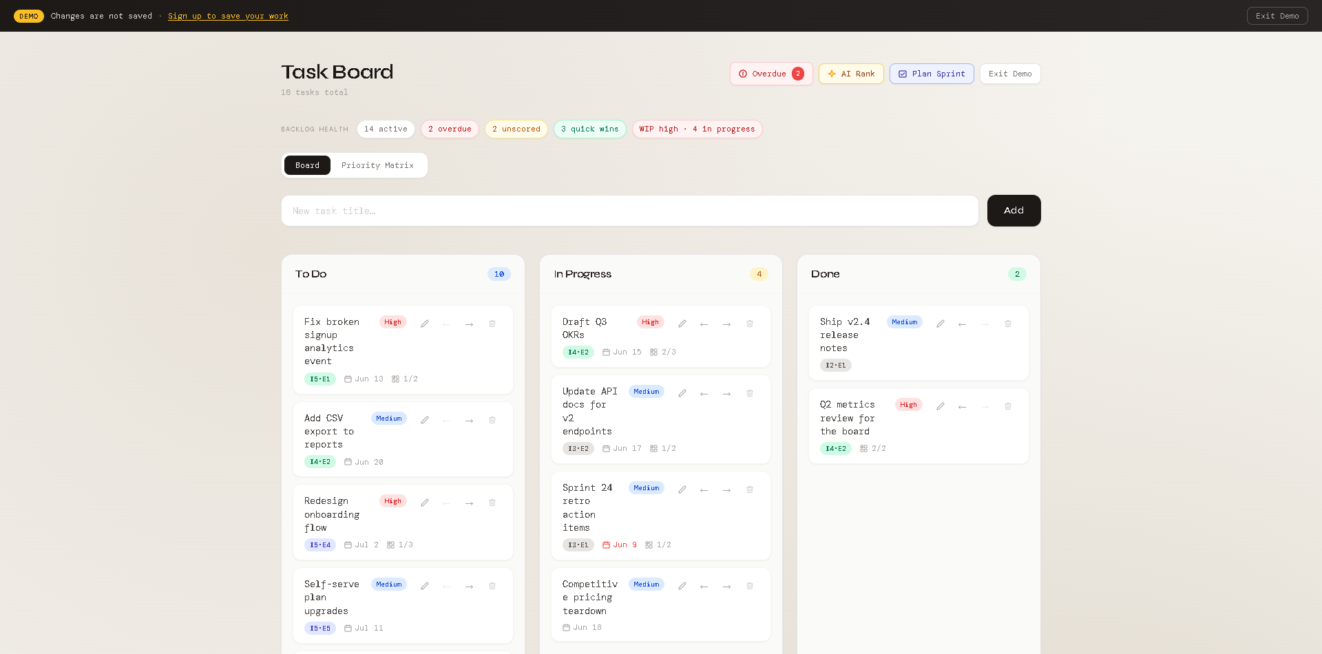 Task Board kanban with backlog health chips, Board and Priority Matrix tabs, impact/effort chips on cards, and AI Rank and Plan Sprint actions