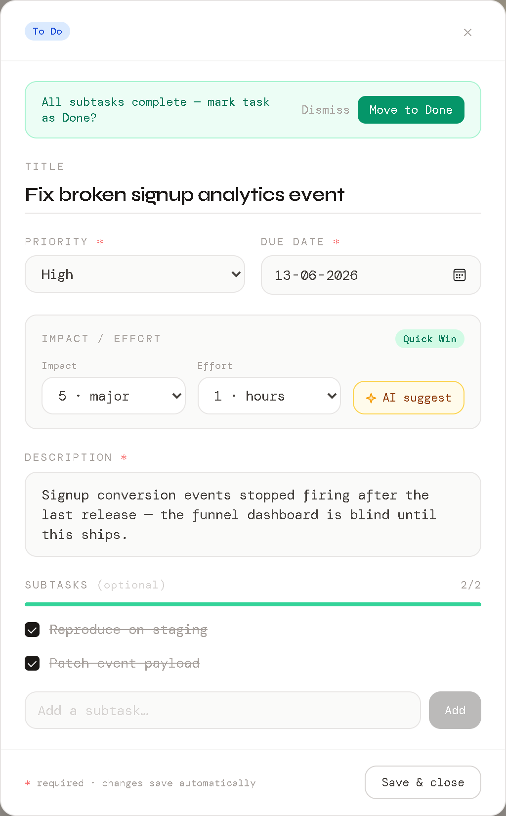 Task editing modal showing completed subtasks, progress bar at 2/2, and a move-to-done suggestion